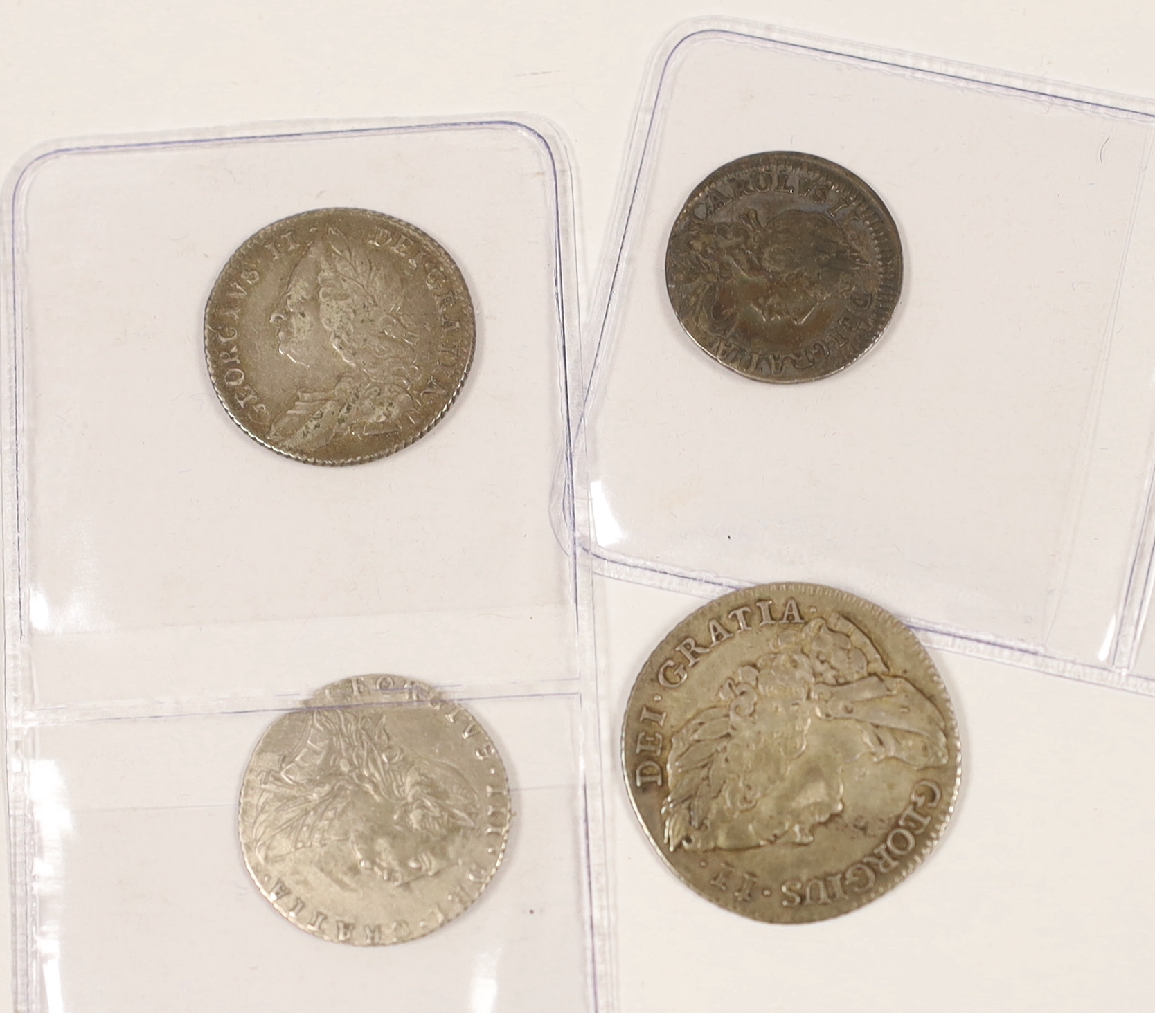 British silver coins - Charles II 4d, 1681, a George II shilling, 1743, F, and sixpence 1757, F and a George III sixpence 1787, VF